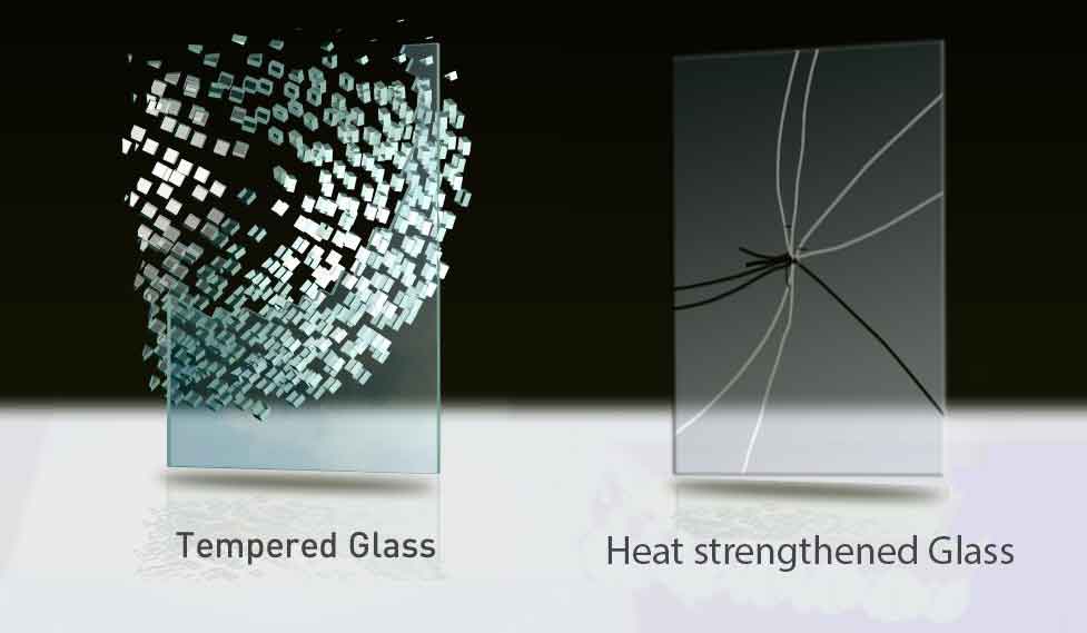 Ilustrasi pola pecahan kaca tempered berupa butiran kecil dan heat strengthened glass berupa retakan dengan pecahan besar.