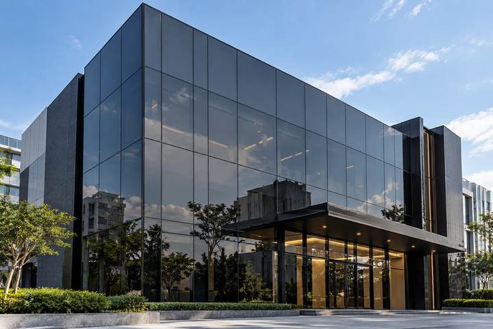 Fasad gedung memakai kaca riben panasap dark grey abu-abu gelap