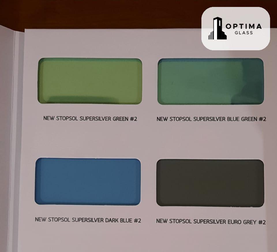 Katalog sample New Stopsol Supersilver Green, Blue Green, Dark Blue, dan Euro Grey posisi lapisan 2 dari Asahimas di Optima Glass