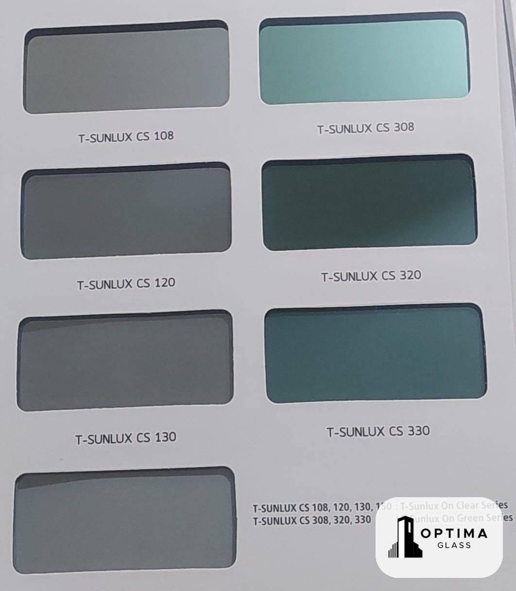 Katalog sample kaca T-Sunlux seri Clear 108, 120, 130, 150 dan seri Cool Green dari Asahimas di Optima Glass