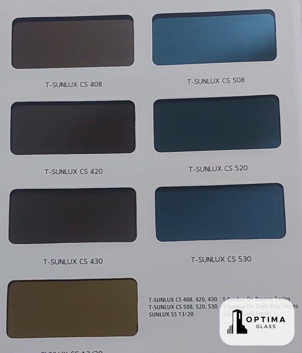 Katalog sample kaca T-Sunlux seri Bronze 408, 420, 430 dan seri Dark Blue 508, 520, 530 dari Asahimas di Optima Glass