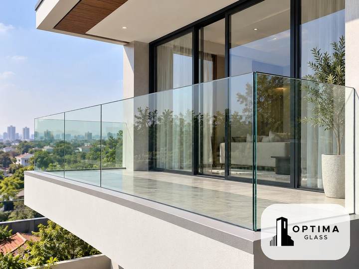 Contoh pagar balkon kaca tempered bening tanpa tiang yang ditahan profil di bagian bawah