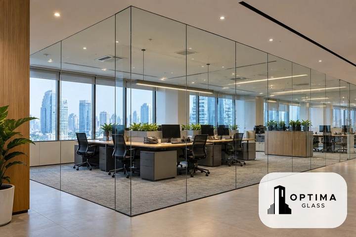 Contoh partisi kaca frameless tempered di area kerja kantor