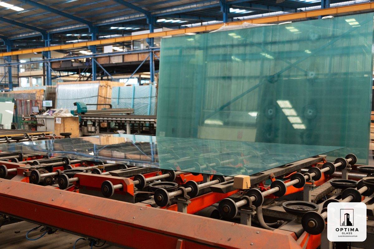 Lembaran kaca bening berukuran besar di lini pemrosesan pabrik Optima Glass