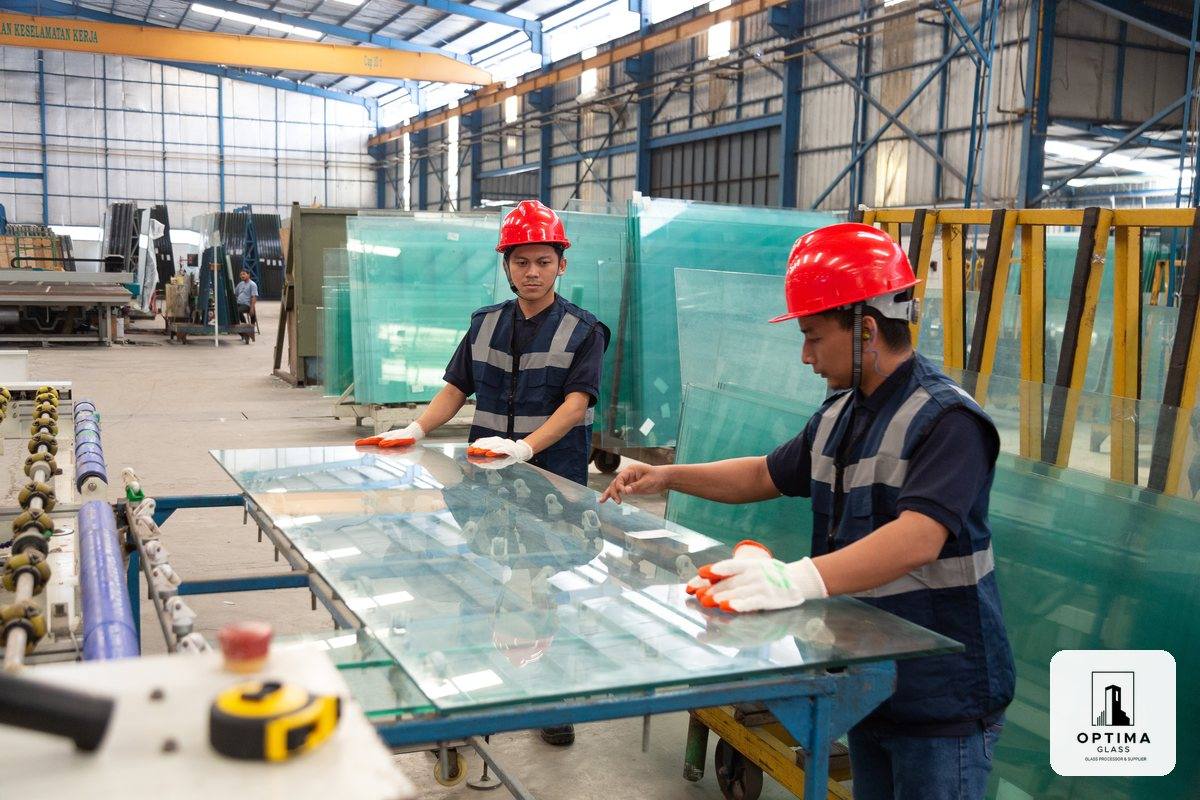 Dua staf Optima Glass mengukur dan memotong lembaran kaca bening di meja potong
