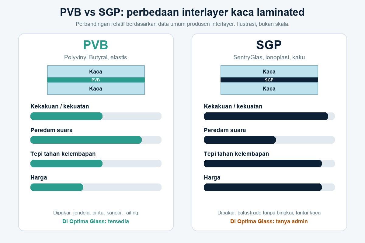 Infografis perbandingan PVB dan SGP: kekakuan, peredam suara, ketahanan tepi, dan harga