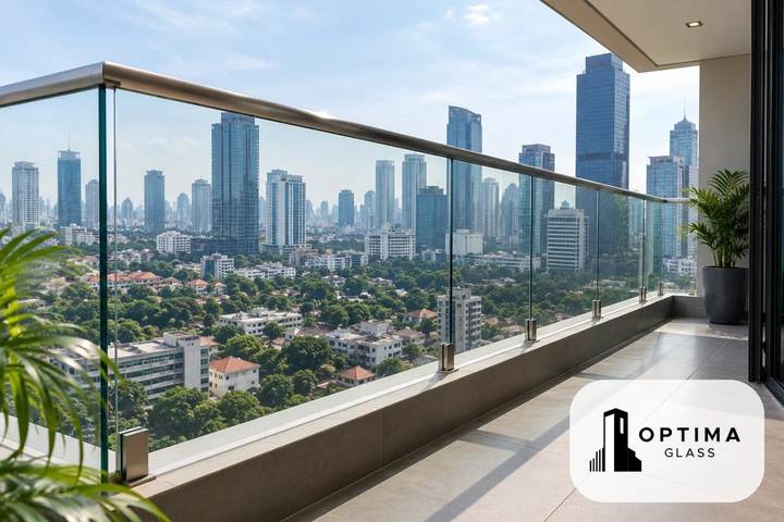 Contoh railing balkon kaca tempered bening dengan handrail stainless dan spigot