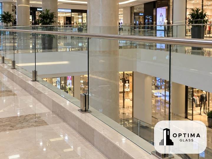 Contoh railing kaca tempered bening dengan handrail stainless dan spigot di lantai sebuah mal