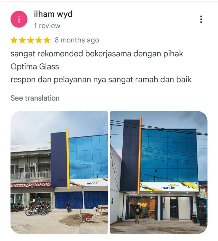 Ulasan Google dari ilham wyd: 5 bintang, sangat rekomended, respon dan pelayanan ramah dan baik, dengan foto fasad kaca gedung