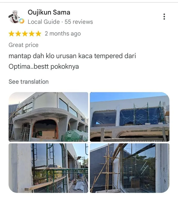 Ulasan Google dari Oujikun Sama: 5 bintang, urusan kaca tempered dari Optima best pokoknya, dengan foto pemasangan kaca